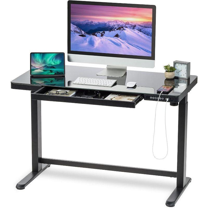 Black Adjustable Glass Top Standing Desk with USB Port