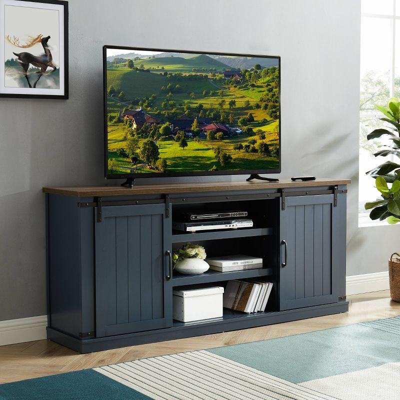 Navy Sliding Barn-Door TV Stand with Cabinet and Shelves