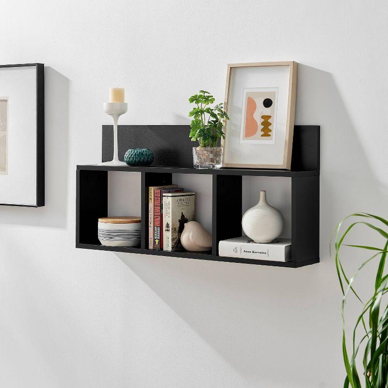 Danya B. 31.5" x 15.7" Modern 3 Cube Floating Wall Shelf with Display Ledge Black: Mid-Century Style, MDF & Iron