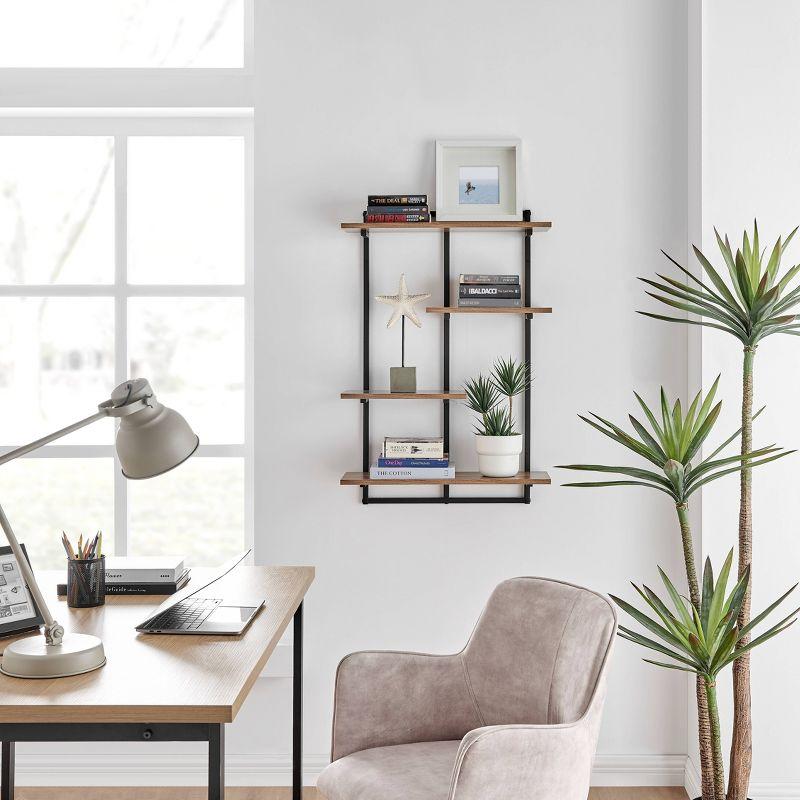 Danya B. 34.5" x 23.6" Rhodes 4 Tier Modern Floating Windowsill Wall Shelf Unit Black/Light Walnut: MDF & Iron, Open Design