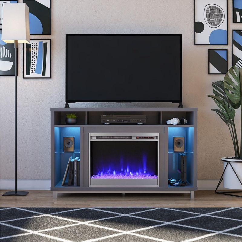 Graphite Gray Fireplace TV Stand with Glass Shelves