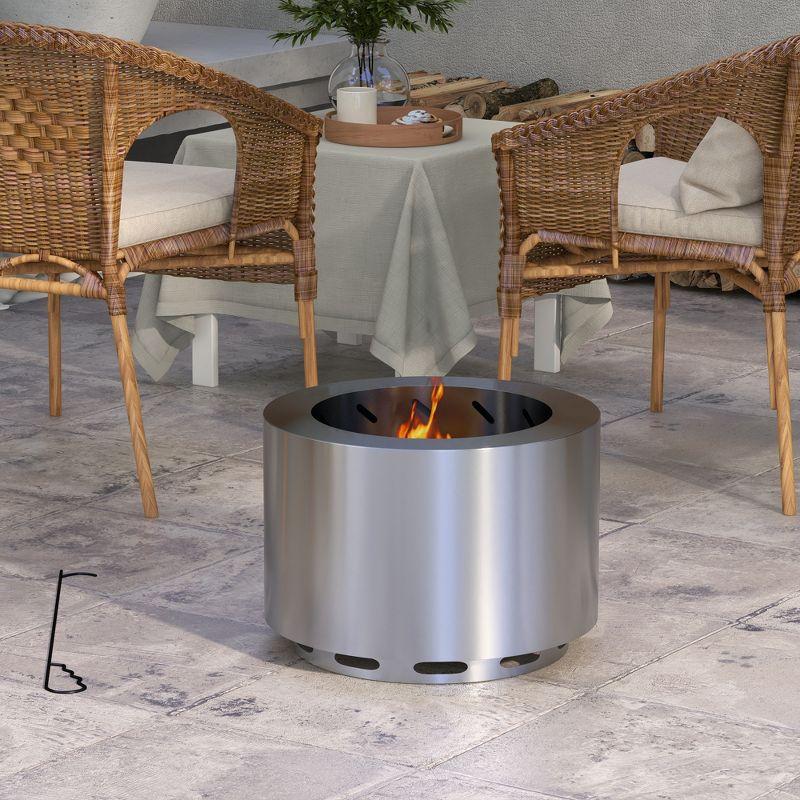 Outsunny Smokeless Fire Pit, 19" Wood Burning Firepit with Poker, Stainless Steel, Silver