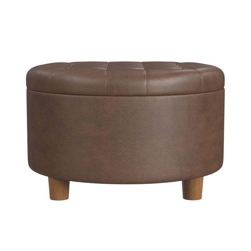 HomePop Tufted Faux Leather Round Storage Ottoman Brown: Upholstered Traditional Decor, Hardwood Frame