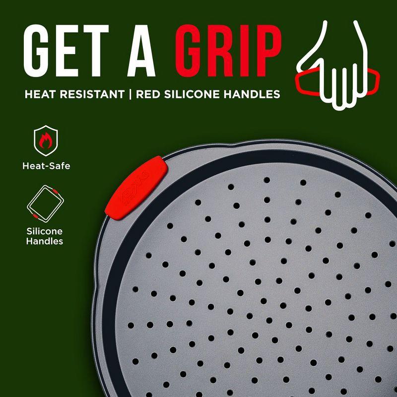 Non-Stick Carbon Steel Perforated Pizza Pans with Silicone Handles