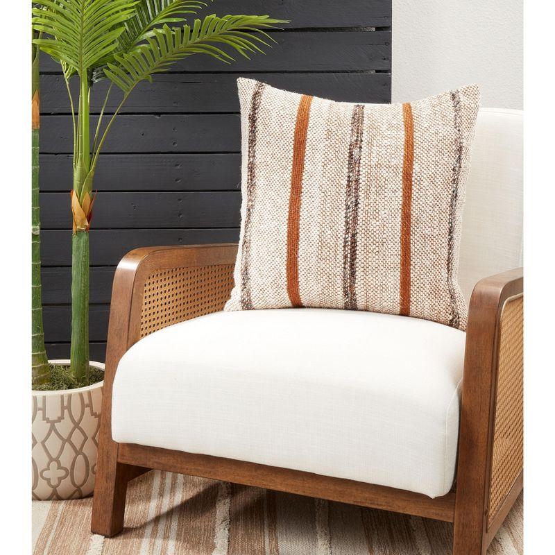 Rust and Beige Striped Cotton Throw Pillow with Fringed Edges