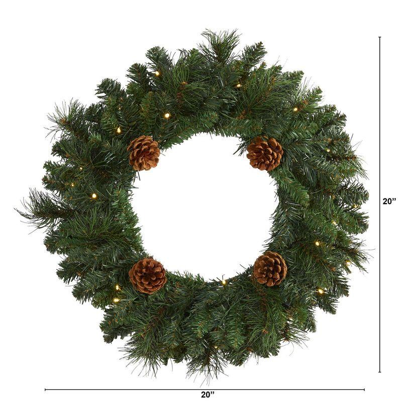 20" Green Pine Artificial Christmas Wreath with LED Lights and Pinecones