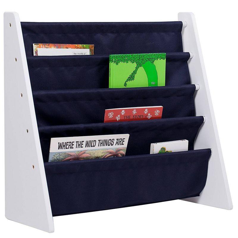 Compact White Melamine Kids Sling Bookshelf with Fabric Pockets