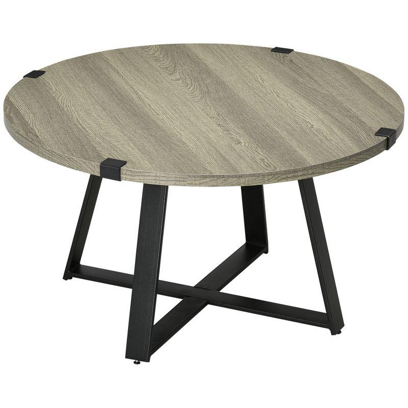 HOMCOM Round Coffee Table, Accent Center Table Steel Legs Living Room Furniture, Wooden Coffee Table, Light Gray