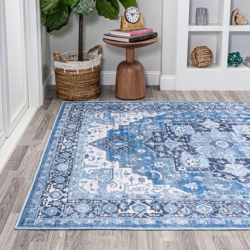 Blue and Navy Medallion Washable Synthetic 4' x 6' Area Rug