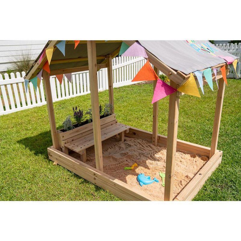 Funphix Dig n’ Play Wooden Sandbox Playhouse with Bench & Flower Planter, Outdoor Sand Pit for Kids