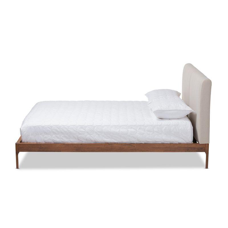 Mid-Century Modern Beige Oak Upholstered Full Platform Bed