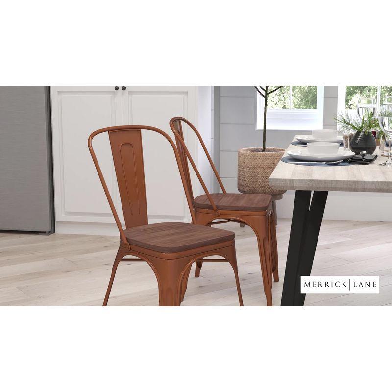 Merrick Lane Metal Stacking Chair in Mint Green with Curved, Slatted Back and Rustic Wood Seat