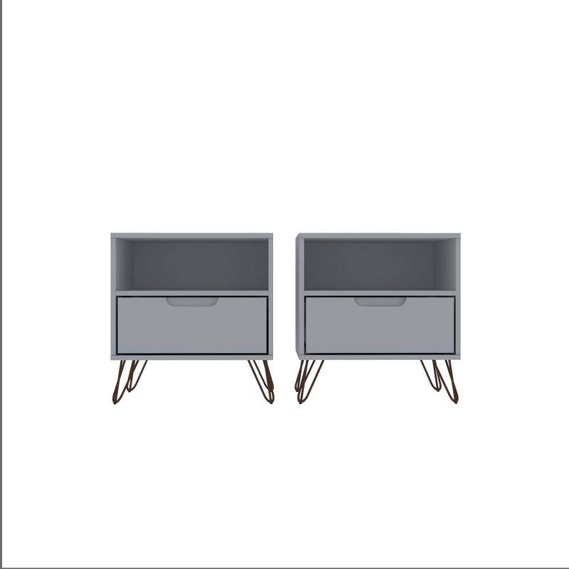 Set of 2 Rockefeller 1 Drawer Nightstands White - Manhattan Comfort: Mid-century Design, Metal Legs, Open Shelf