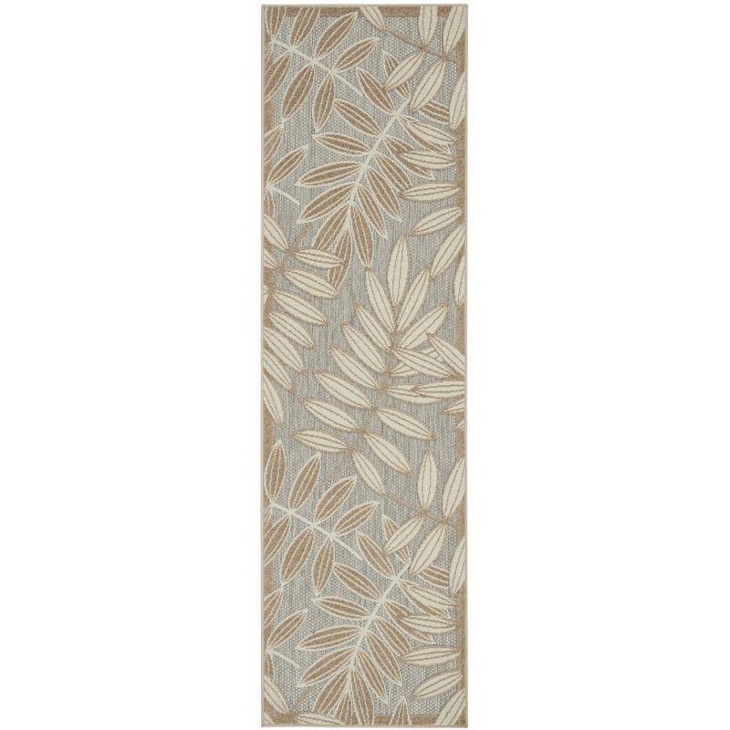 Natural Beige and Gray Floral Leaf Outdoor Runner Rug