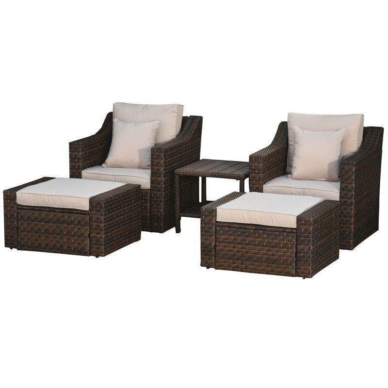 Outsunny 5 Piece Patio Furniture Set, All Weather PE Rattan Conversation Chair & Ottoman Set w/ Table, Cushions & Pillows Included, Beige
