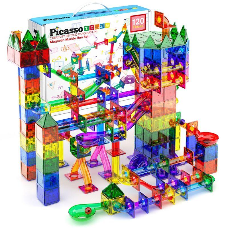 PICASSO-TILES Marble Run Race Track Set,  Magnetic Tiles, Building Blocks, STEM Toys for Kids, 120pc