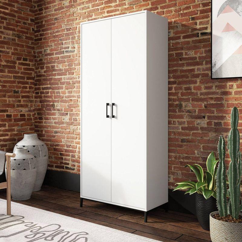 White Tall Storage Cabinet with Adjustable Shelves and Metal Base