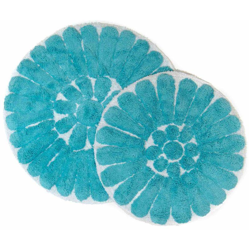 Aqua Bloom Circular Cotton Bath Rug Set, White and Aqua