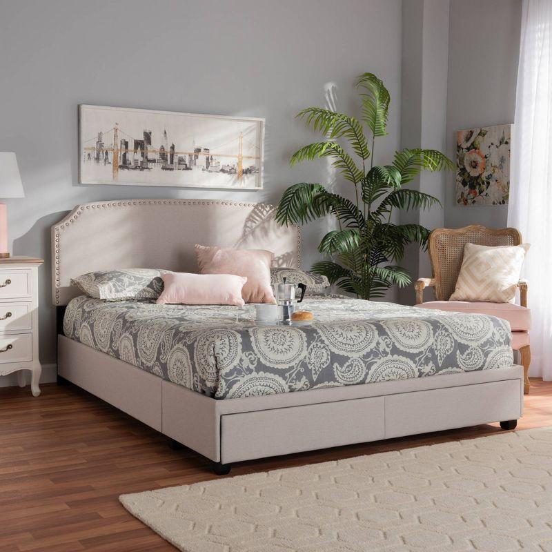 Queen Beige Upholstered Platform Bed with Storage Drawers