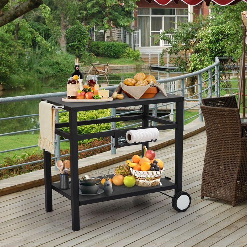 WhizMax Outdoor Grill Cart Pizza Oven Stand, BBQ Prep Table with Wheels & Hooks, Side Handle, Double-Shelf Grilling Cart Griddle Cooking Station