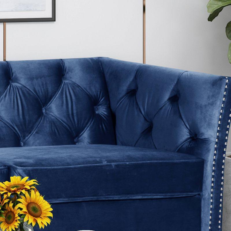 Midnight Blue Velvet Tufted 3-Seater Sofa with Nailhead Trim