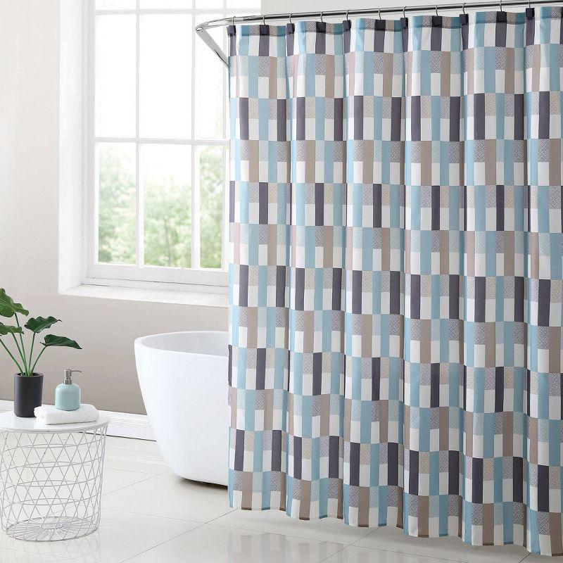 Martel Blue Beige White Geometric Microfiber Shower Curtain Set