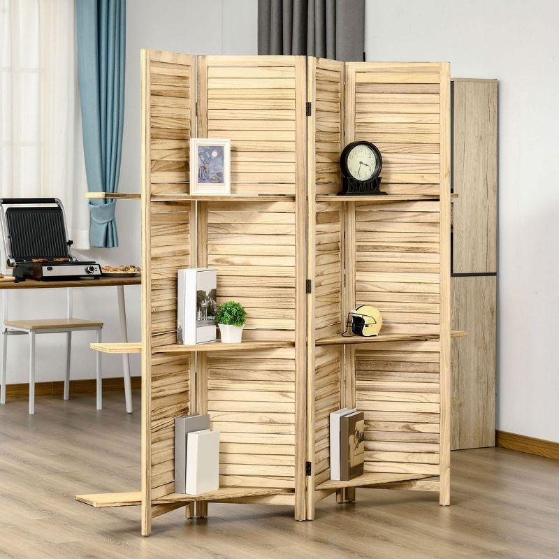HOMCOM 4-Panel Folding Room Divider, 5.6 Ft Freestanding Paulownia Wood Privacy Screen Panel with Storage Shelves for Bedroom or Office, Natural