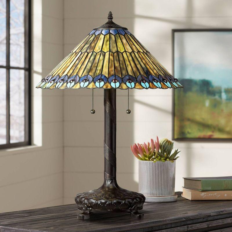 Robert Louis Tiffany Table Lamp 26" High Antique Bronze Tiffany Style Peacock Art Glass Shade for Living Room Family Bedroom Bedside Office