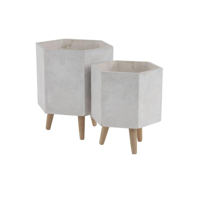 Gray Fiber Clay Planter Set with Beech Wood Legs