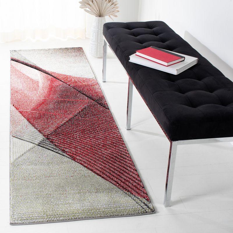 Grey and Red Geometric Synthetic Runner Rug, 2'3" x 8'