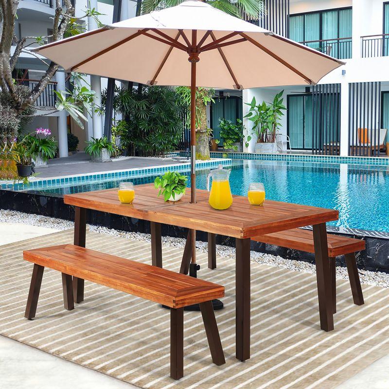 Costway 3 Pieces Picnic Table Set Acacia Wood Table Bench with Steel Legs Outdoor Patio