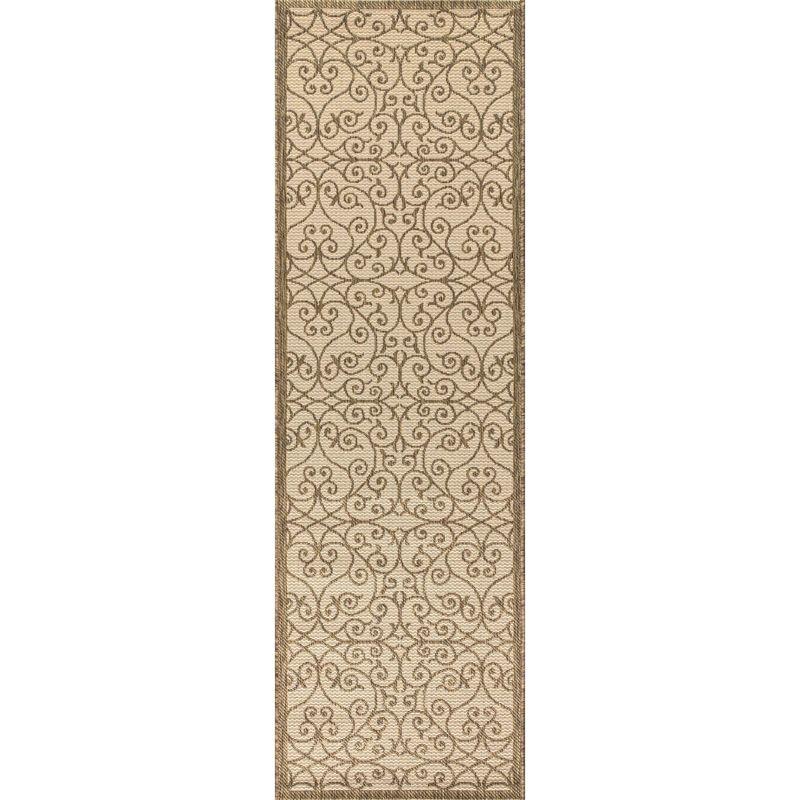 2'x8' Madrid Vintage Filigree Textured Weave Indoor/Outdoor Runner Rug, Beige/Brown - JONATHAN Y