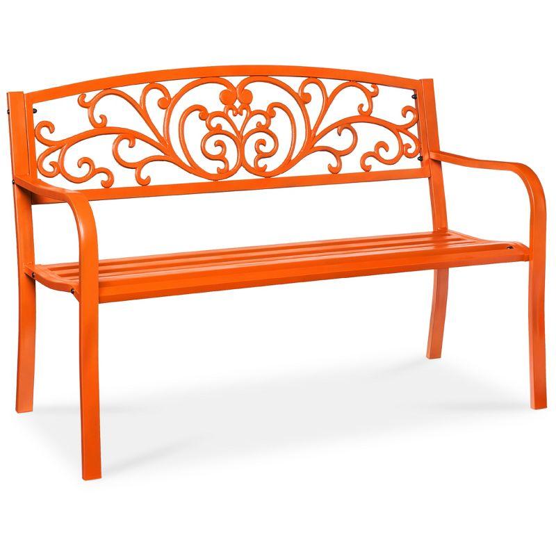 World Menagerie Outdoor Steel Bench with Floral Backrest & Slatted Seat, Marigold for Garden, Patio, Porch, Lawn, and Deck