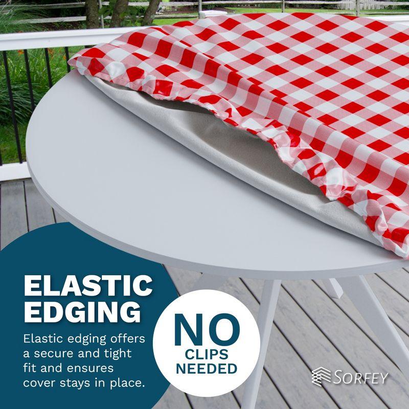 Round Tablecloth -Fitted with Elastic, Vinyl with Flannel Back, 48” Green Checked Design,- By Sorfey