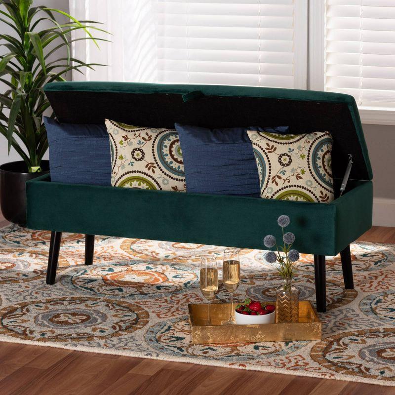 Caine Green Velvet Upholstered Storage Bench with Dark Wood Legs