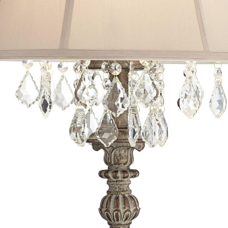 Barnes and Ivy Duval Traditional Table Lamp 34" Tall Distressed Antique White Candlestick Crystal Beige Fabric Bell Shade for Bedroom Living Room Home