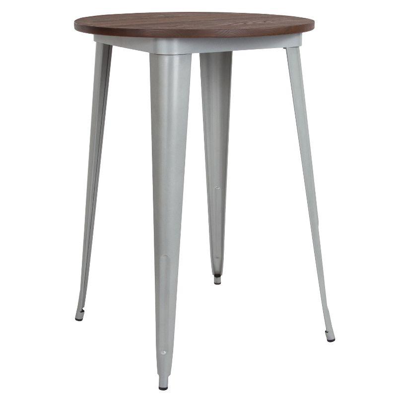 30" Round Silver Metal Bar Height Table with Rustic Wood Top