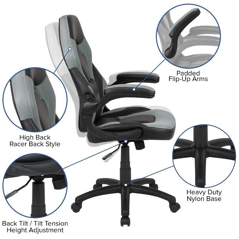 Gray and Black Ergonomic High-Back Gaming Chair with Flip-Up Arms