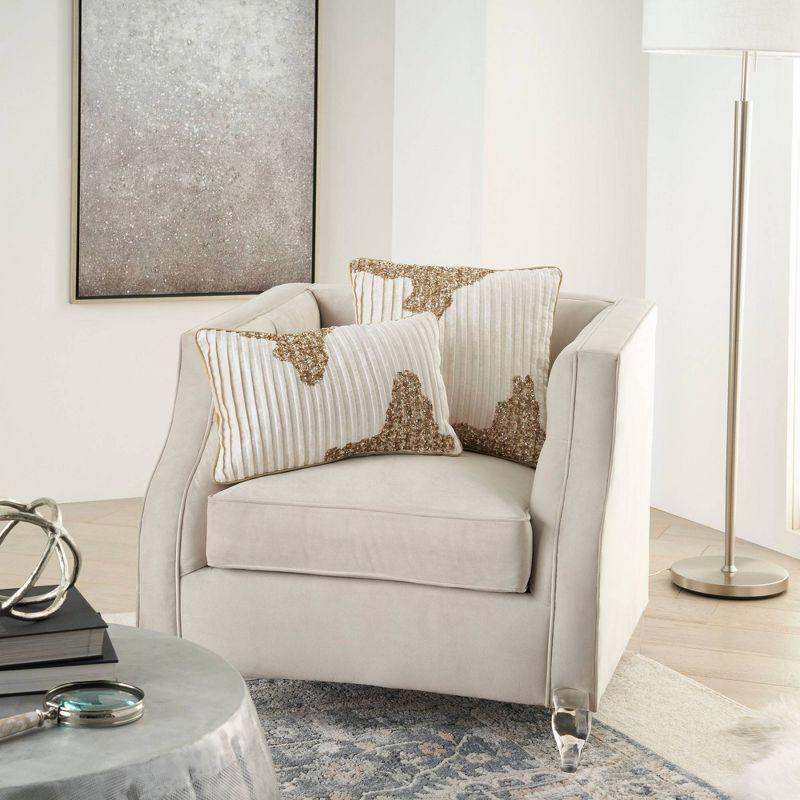 Mina Victory 18"x18" Sofia Beaded Pleated Velvet Square Throw Pillow Ivory/Gold: Bohemian Stripe, Removable Cover, Indoor Use