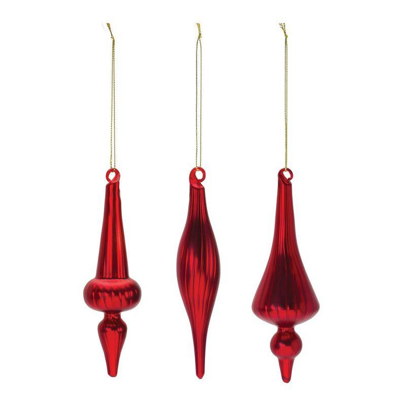 Red Ribbed Glass Finial Christmas Ornaments Set of 12