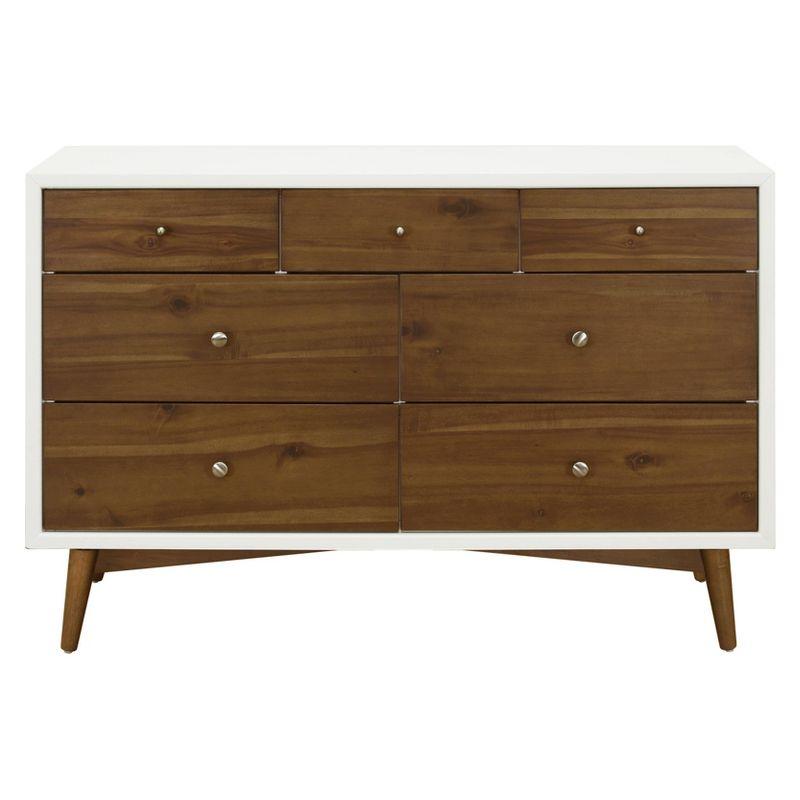 Warm White and Natural Walnut Mid-Century Double Dresser with Tapered Legs