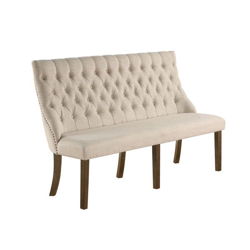 Beige Linen Upholstered Walnut Wood Dining Bench