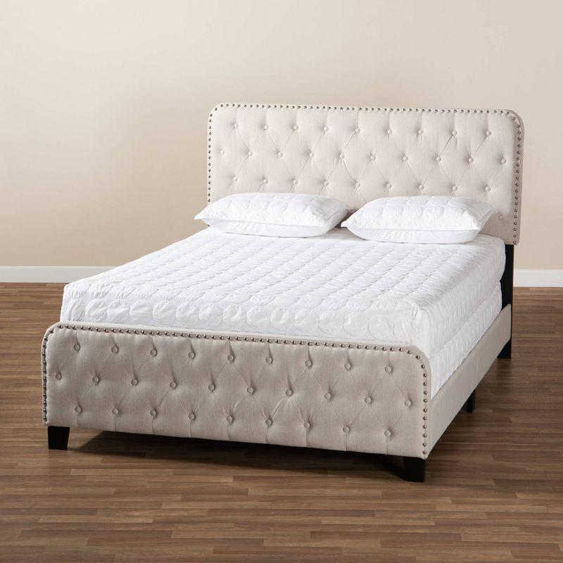 Beige Queen Upholstered Tufted Bed with Nailhead Trim