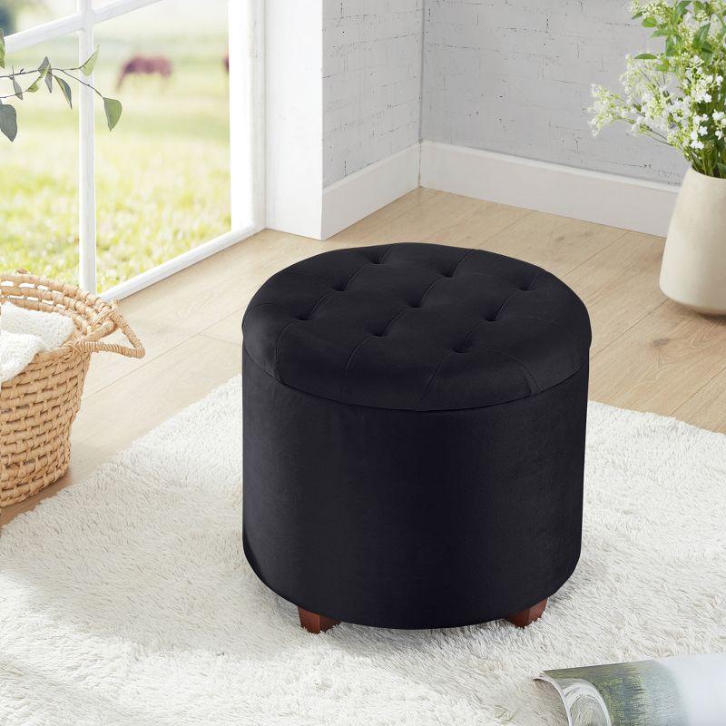 Ornavo Home Velvet Upholstered Round Tufted Storage Ottoman with Wooden Legs - Black