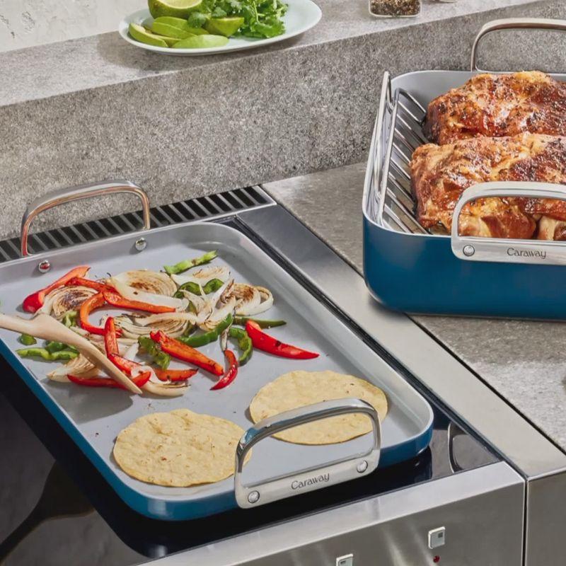 Caraway Home 7pc Square Cookware Set Perracotta: Nonstick Ceramic, Griddle Pans, Roasting Pan, Pot Lid Organizer