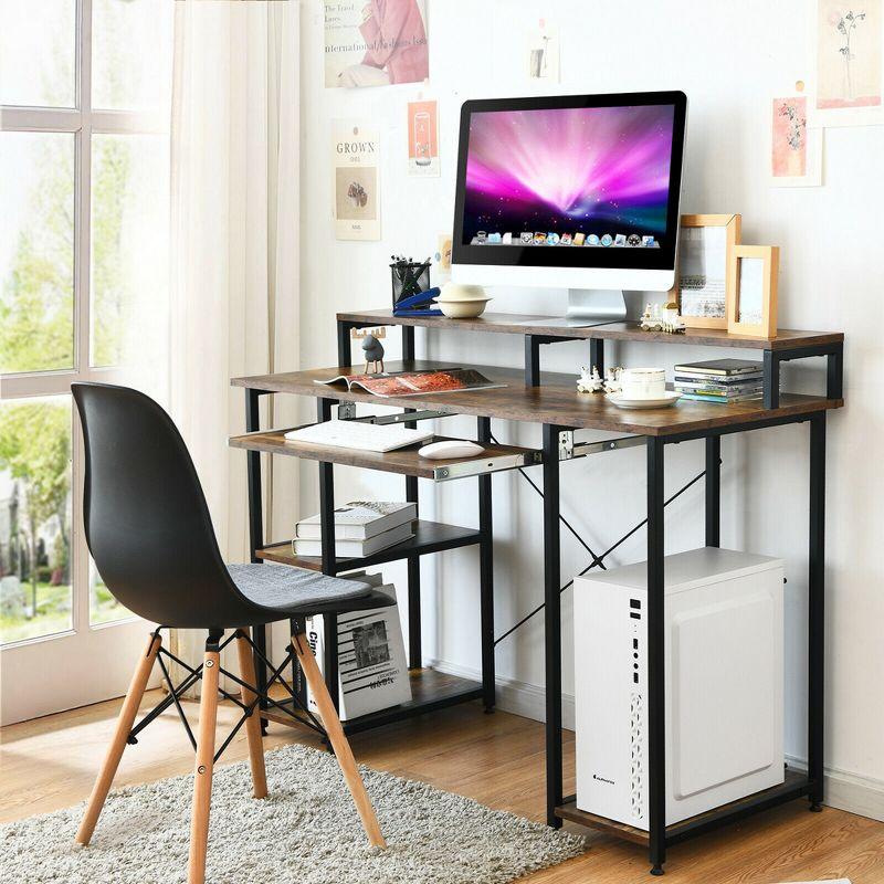 Black and Brown Wood Computer Desk with Keyboard Tray and Shelves