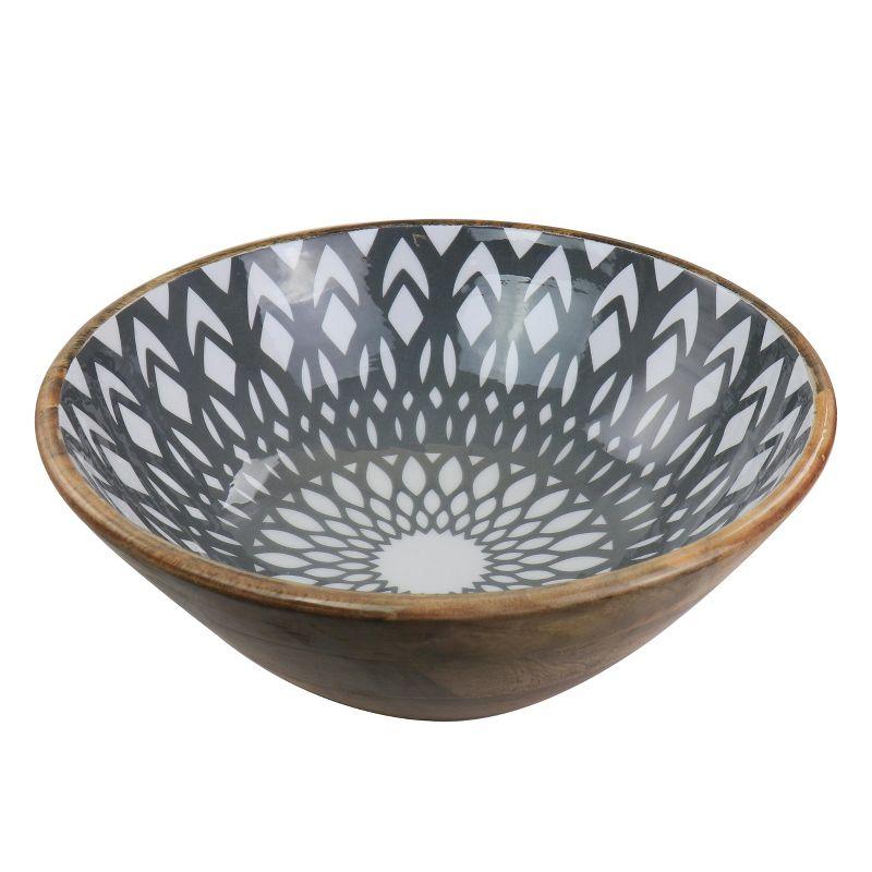 Large Gray Mango Wood Serving Bowl with Enamel Finish