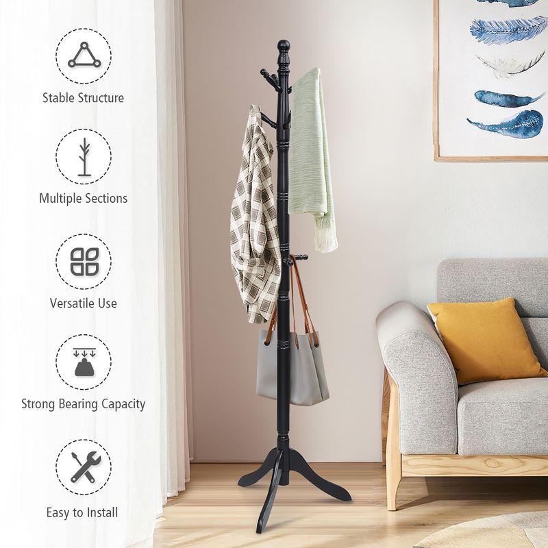 Costway Coat Rack Wooden Hall Tree 2 Adjustable Height w/ 9 Hooks Walnut\Black\ Grey