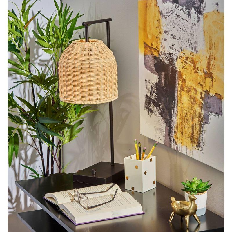 Adesso Bahama Table Lamp Dark Bronze: Inverted Basket Shape, Rattan Shade, ETL Listed, No Assembly Required