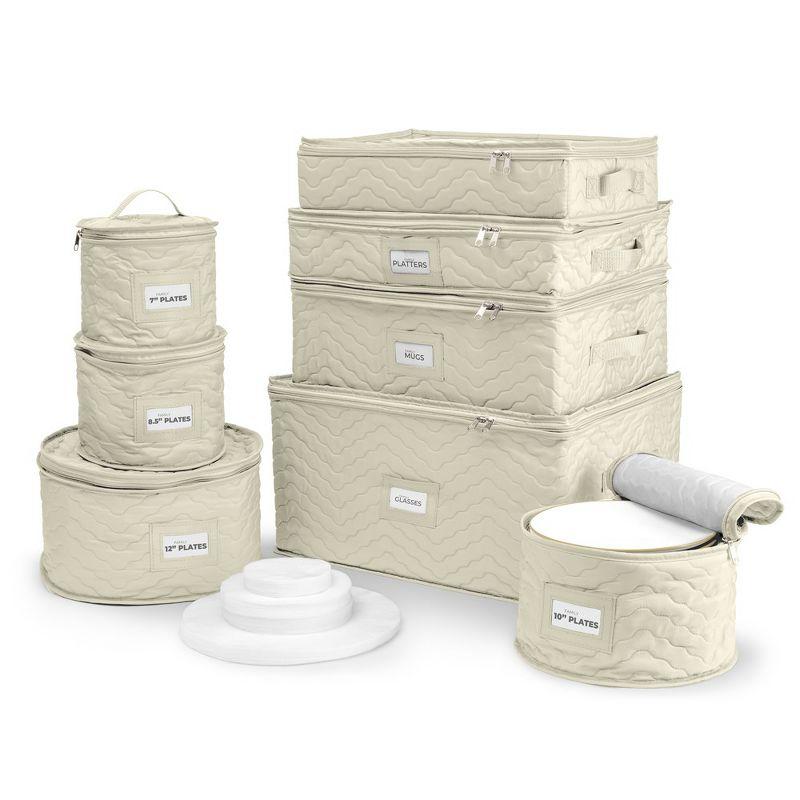 Beige Quilted Fabric 8-Piece China Dinnerware Storage Set